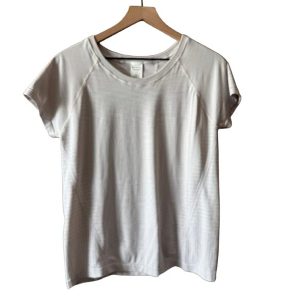 Women's L Athleta Fitted White Blue Tiny Stripes Athleisure Shirt - Picture 1 of 6